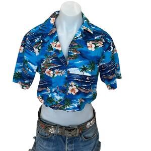 Hawaiian Shirt Blue Tropical Button Up Crop Top One Size Boxy Coconutgirl Unique